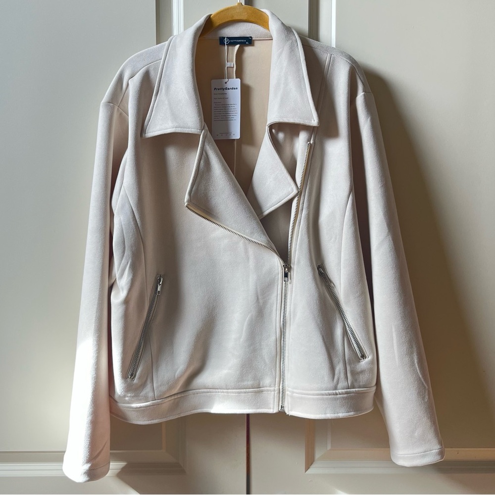 NEW cream-colored faux-suede moto jacket Vegan Jacket size XL - Picture 2 of 8